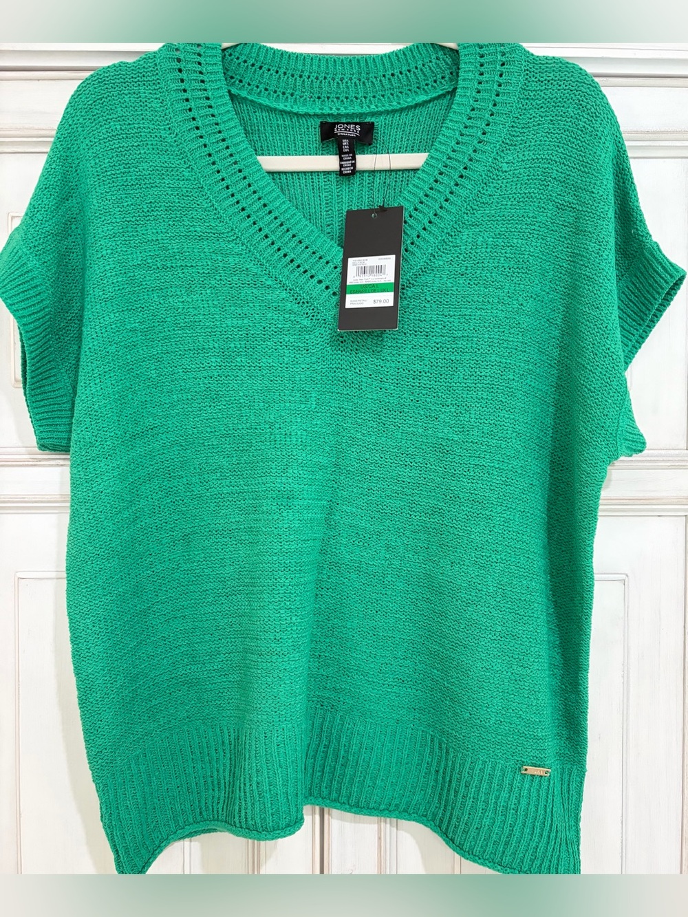 NWT SZ L Jones New York Emerald Green V-Neck Short Sleeve Sweater